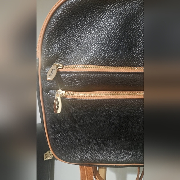 VALENTINA Leather Sling Triple Compartment Bookbag In Black With Tan Trim. - Picture 11 of 16